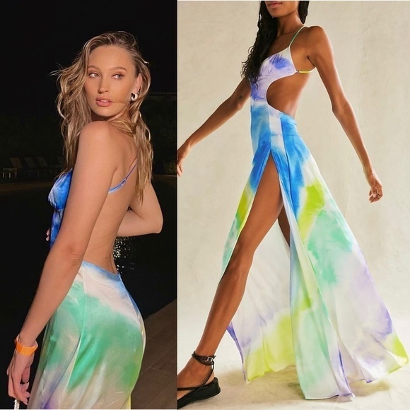 NWT RETROFETE Silk Watercolor Sleeveless Open Back Side Cutout Maxi Slip Gown XS - Picture 13 of 16